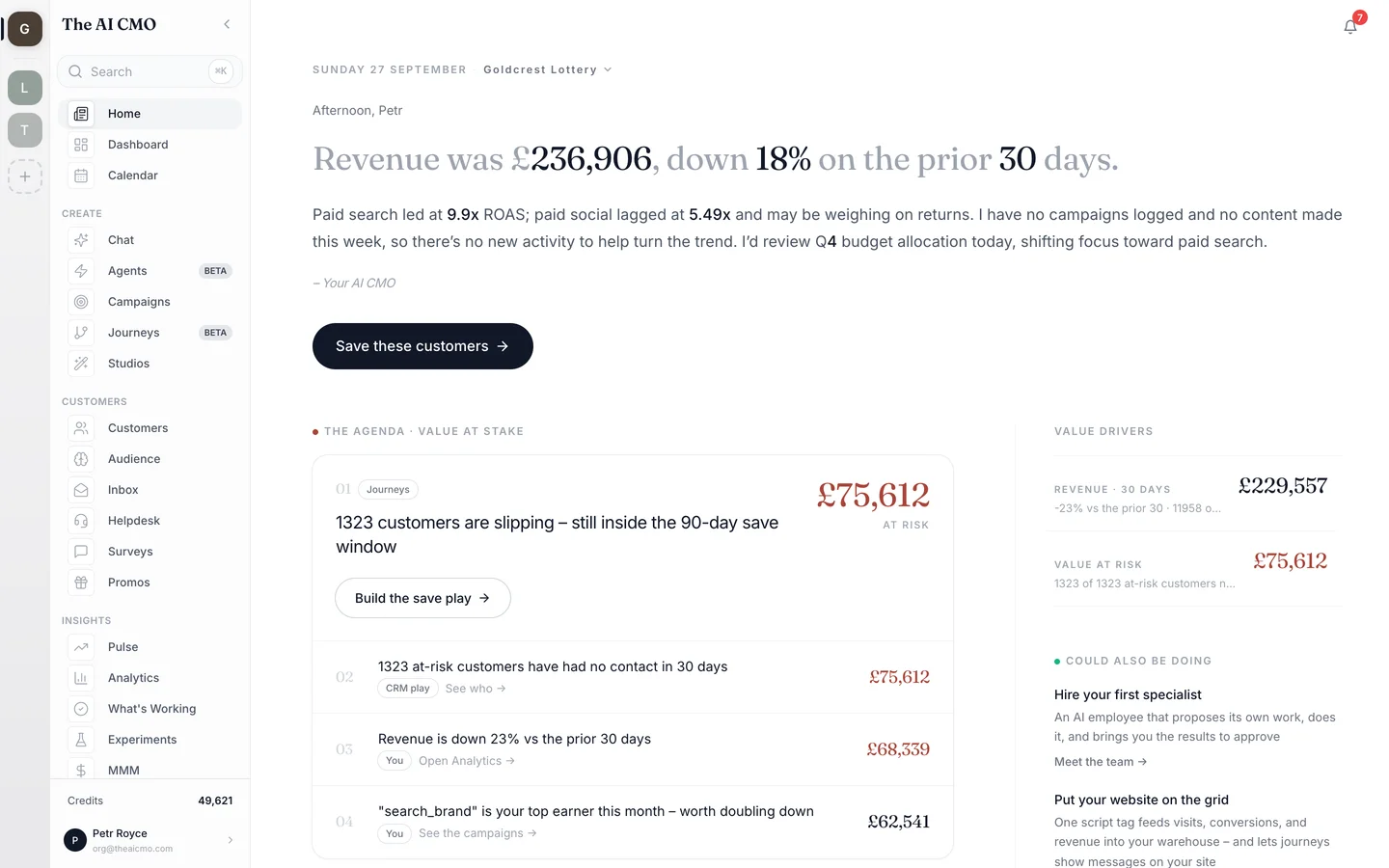 The AI CMO home screen: revenue over the last 30 days, the agenda with value at stake, and revenue drivers